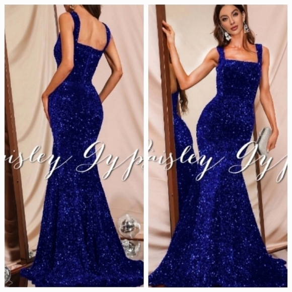 Blue Sequined Pendulum Special Event Maxi Dress - Picture 1 of 16